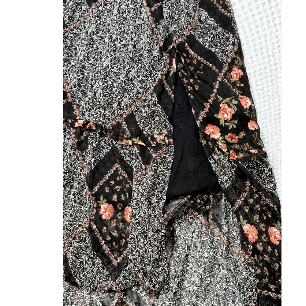 Angie Floral Patchwork High-Low Dress Black Pink Smocked V-Neck Bow Back Large - Picture 4 of 5